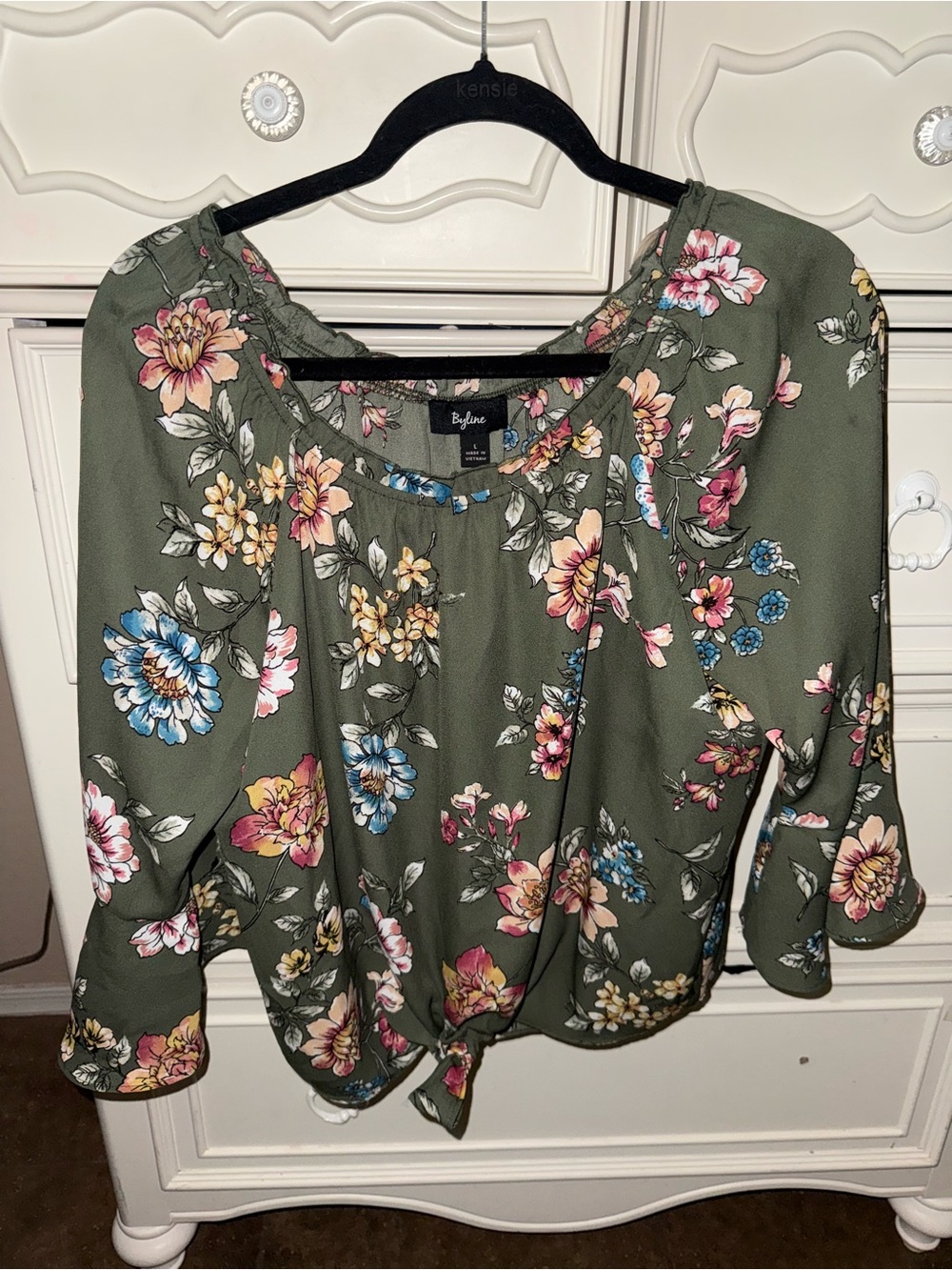 Olive Green Floral Tie-Front Blouse